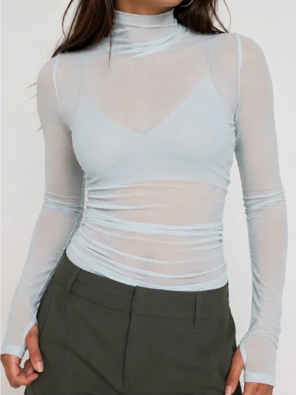 CALIA Smoked Turquoise Draped Funnel Long Sleeve Sheer Mesh Top